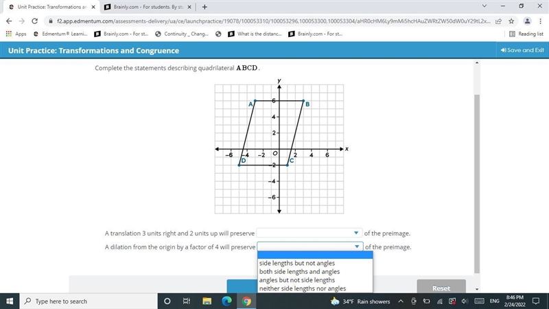 A translation 3 units right and 2 units up will preserve of the preimage.A dilation-example-2