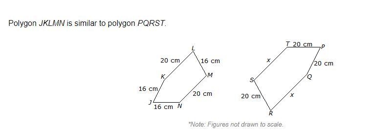 Polygon JKLMN is similar to polygon PQRST.What is the value of x? A. 25 cm B. 24 cm-example-1