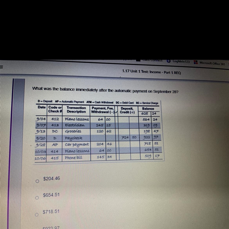 What was the balance immediately after the automatic payment on September 28? D = Deposit-example-1