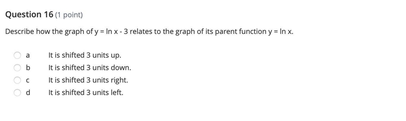 Describe how the graph of y = ln x - 3 relates to the graph of its parent function-example-1