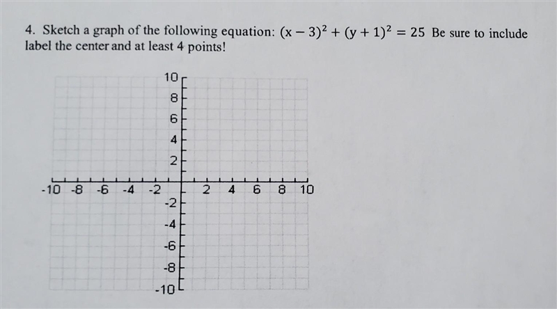 Sketch a graph of the following equation: (x - 3)^2 + (y + 1)^2 = 25 Be sure to include-example-1