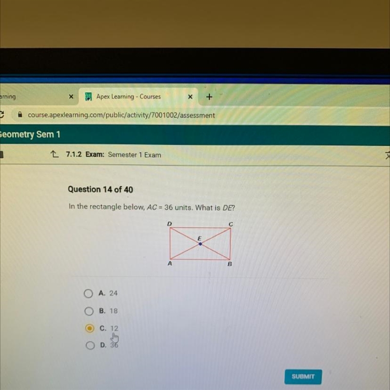 Question 14 of 40 In the rectangle below, AC = 36 units. What is DE? с E A B o A. 24 B-example-1