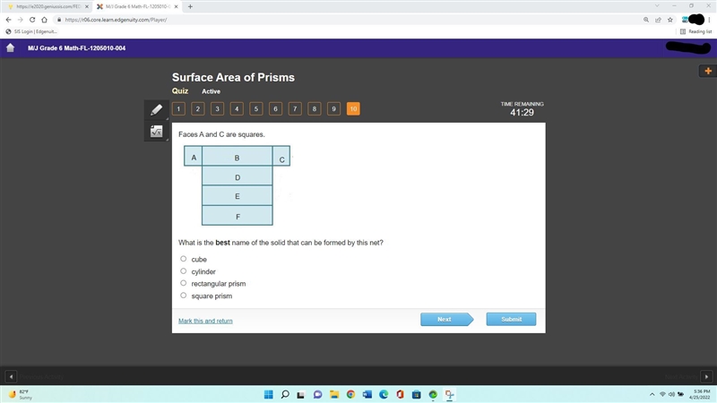 100 POINTS What is the best name of the solid that can be formed by this net? A. cube-example-1