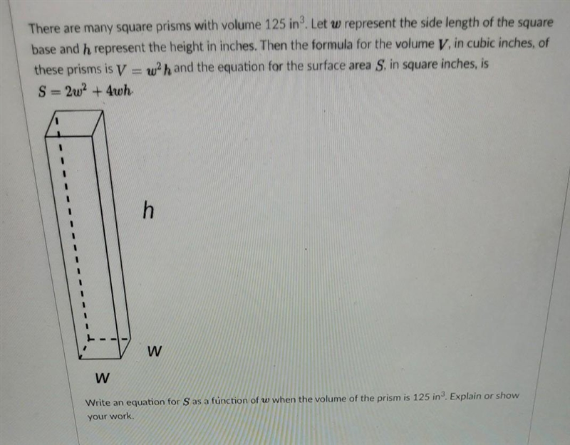 Write an equation for S as a function of w when the volume of the prism is 125 in-example-1