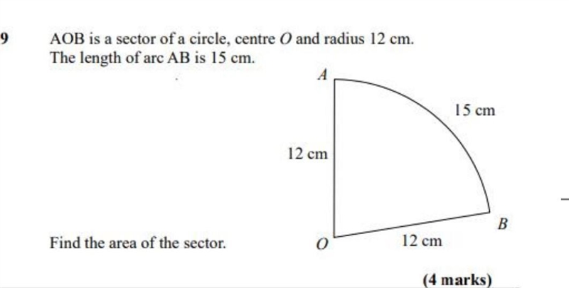 AOB is a sector of a circle, centre O and radius 12 cm. The length of arc AB is 15 cm-example-1