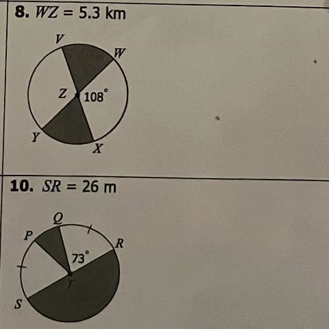 I need help with 10 please it says to find the area of each shaded sector. And round-example-1