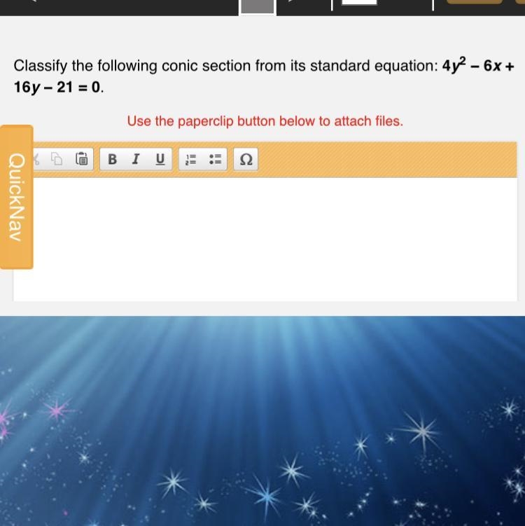 Classify the following conic section from its standard equation: 4y2 - 6x +16y - 21 = 0.My-example-1