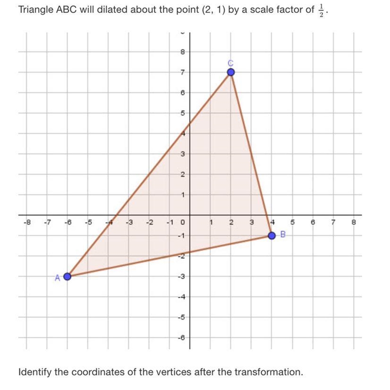 Triangle ABC will dilated about the point (2, 1) by a scale factor of .8c7863 21-8-7-8-5-4-3-2-1 0234578- 1-В-example-1