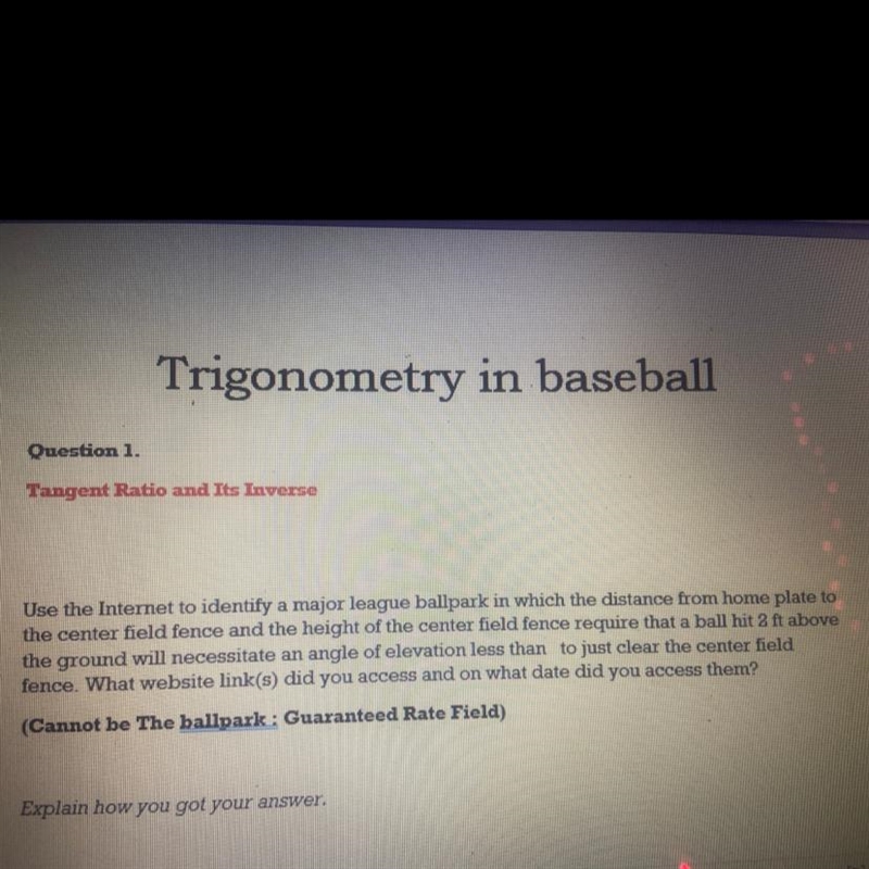 Trigonometry in baseball Identify a major league ballpark in which the distance from-example-1