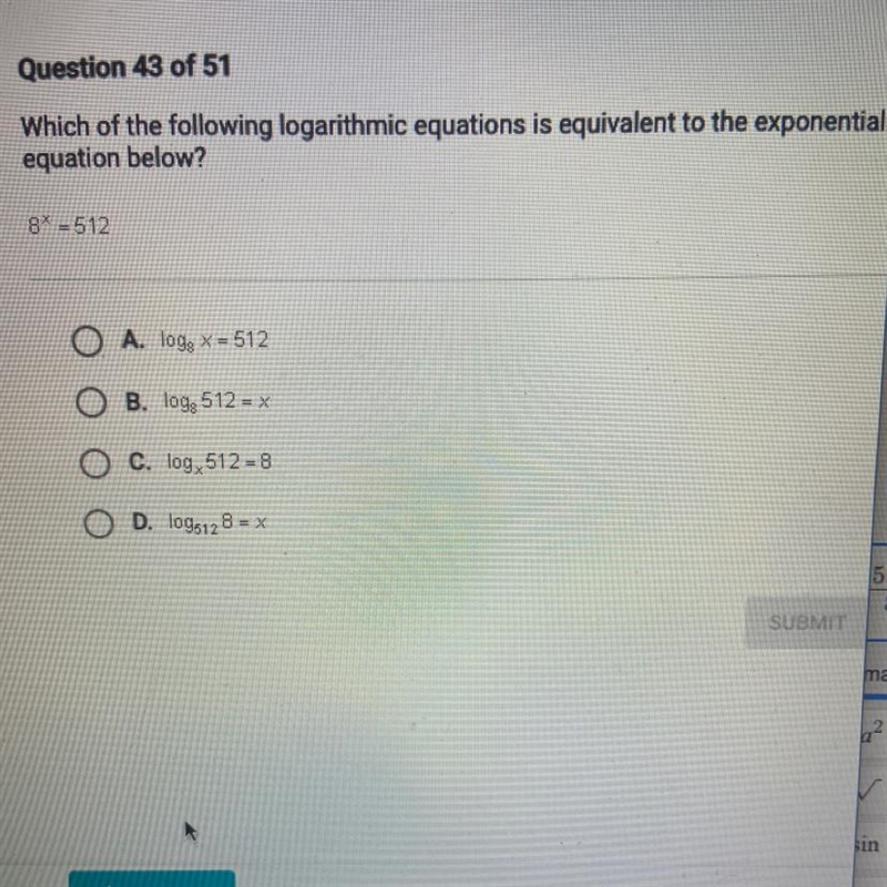 Which of the following logarithmic equations is equivalent to the exponentialequation-example-1