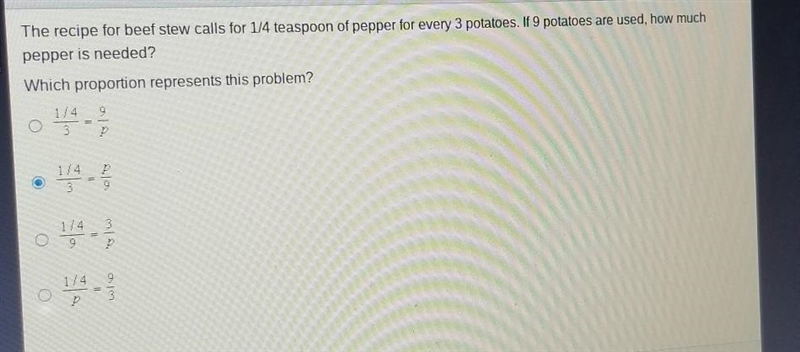 Writing a Proportion The recipe for beef stew calls for 1/4 teaspoon of pepper for-example-1