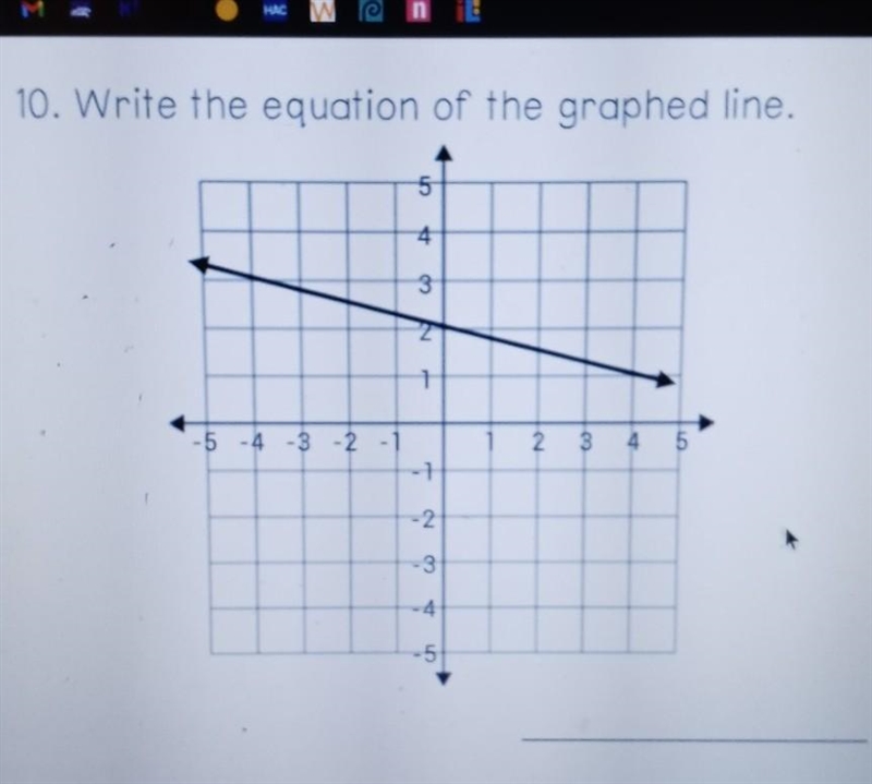 10. Write the equation of the graphed line. 5 4 3 N 1 -5 -4 -3 -2 -1 2 3 4 5 -2 -3 -5-example-1