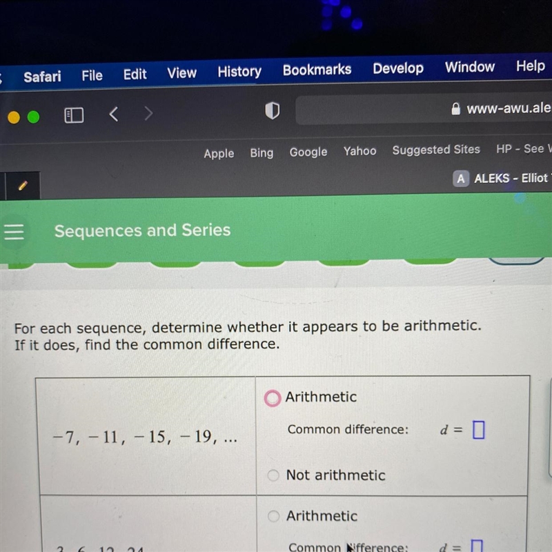 For each sequence, determine whether it appears to be arithmetic.If it does, find-example-1