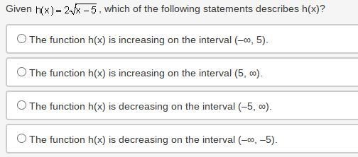 Given h of x equals 2 times the square root x minus 5 end root, which of the following-example-1