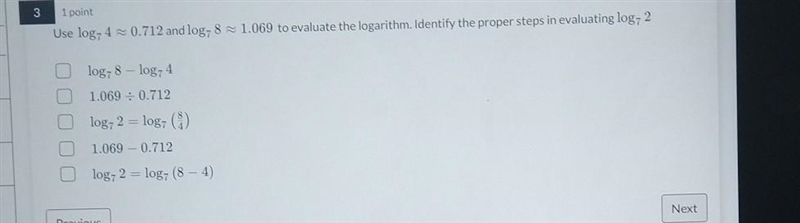 How do I identify the proper steps and evaluating log 7 to the power of 2-example-1