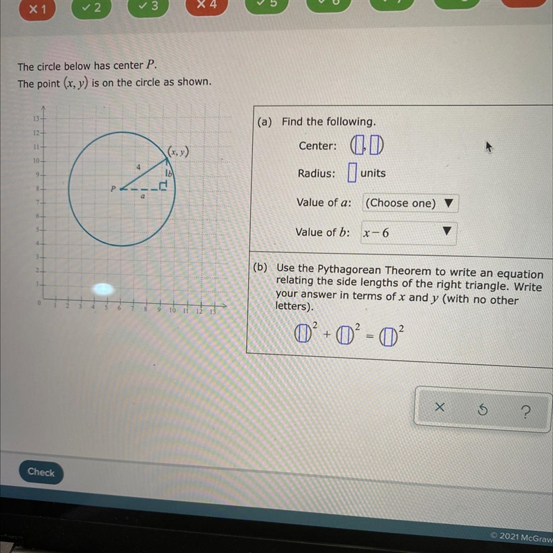 The circle below has center P.The point (x, y) is on the circle as shown.(a) Find-example-1