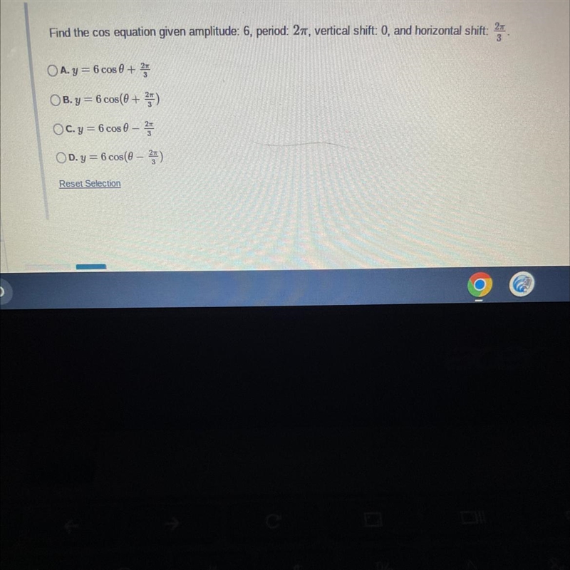 Find the cos equation given amplitude: 6, period: 2π, vertical shift: 0, and horizontal-example-1