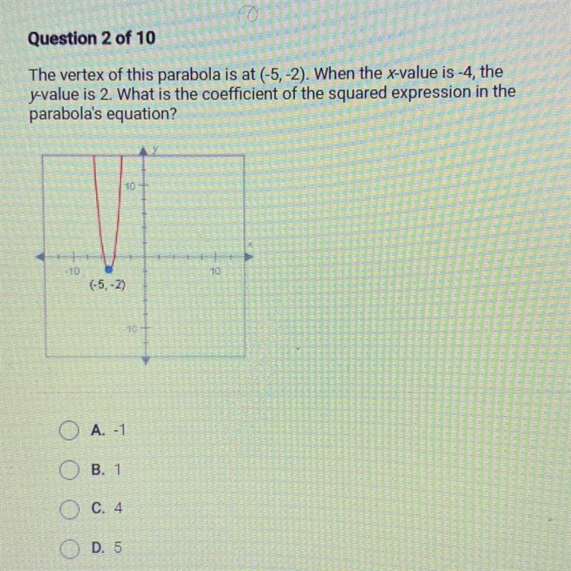 The vertex of this parabola is at (-5, -2). When the x-value is -4, they-value is-example-1