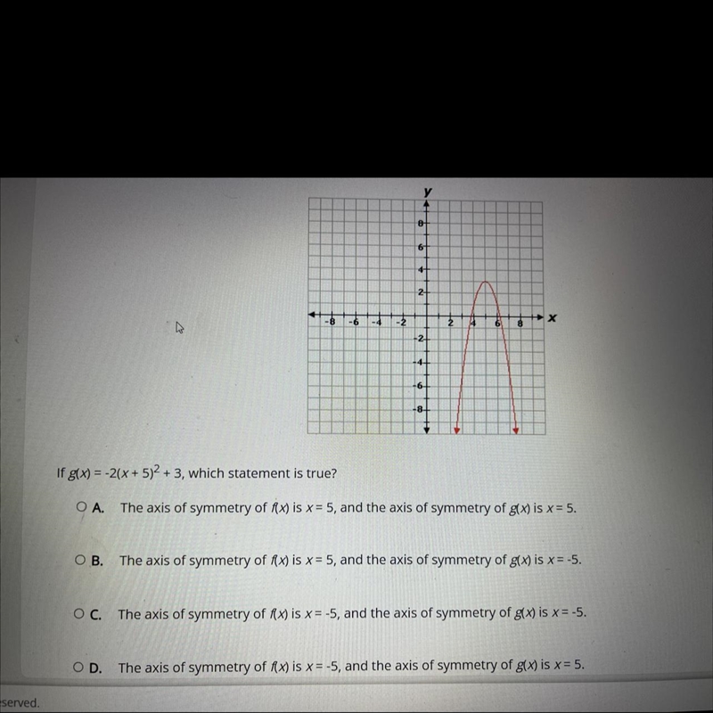 If gtx) = -2(x + 5)² +3, which statement is true?OA. The axis of symmetry of x) is-example-1