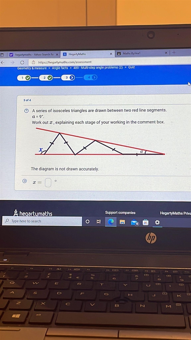 A series of isoceles triangles are drawn between two red line segments, a=9, work-example-1