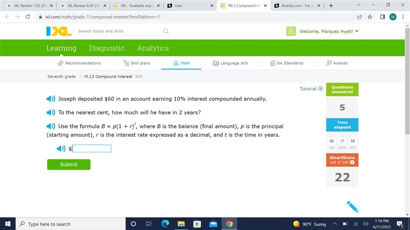 Joseph deposited $60 in an account earning 10% interest compounded annually.To the-example-1