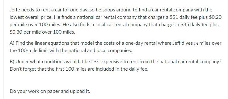 A) Find the linear equations that model the costs of a one-day rental where Jeff dives-example-1