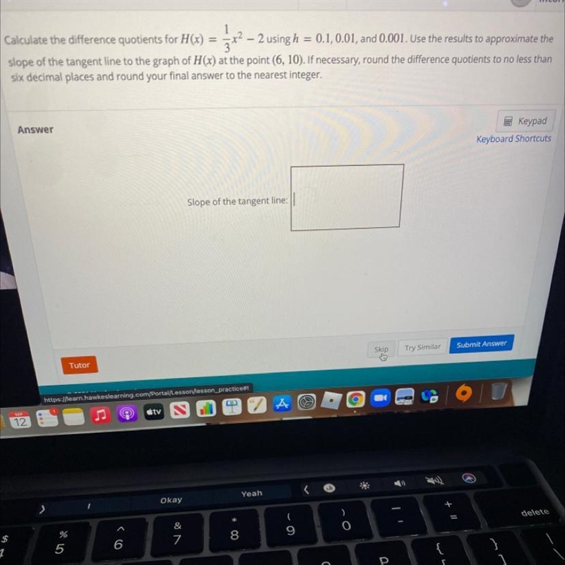 Calculate the difference quotients and approximate the slope of the tangent line-example-1