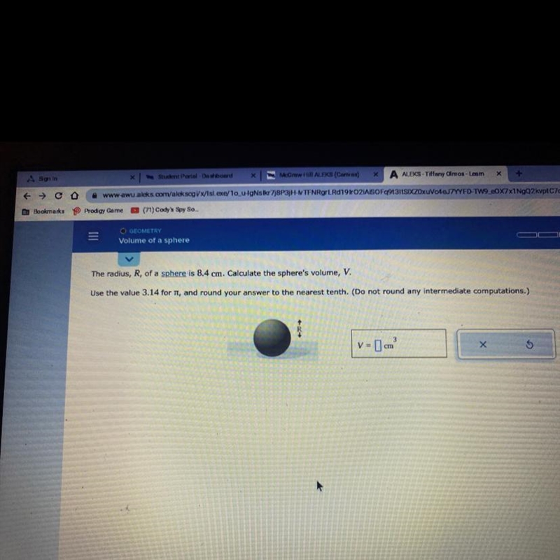 The radius, R, of a sphere is 8.4 cm. Calculate the spheres volume, V. Use the value-example-1