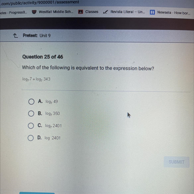 Which of the following is equivalent to the expression below? Log7 7+ log7 343-example-1