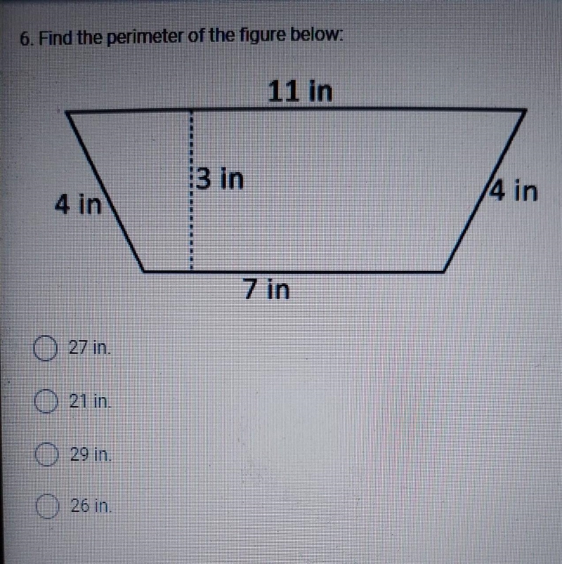 6. Find the perimeter of the figure below 11 in, 13 in, 4 in, 4 in, 7 in, 27 in. 21 in-example-1