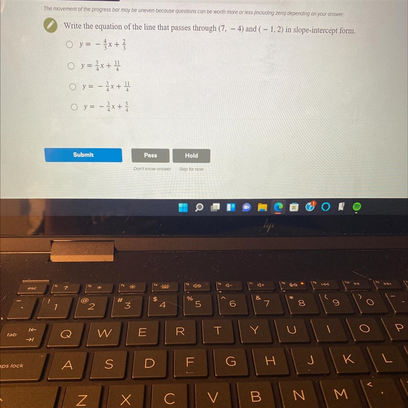 Write the equation of the line that passes through (7,-4) and (-1,2) in slope-intercept-example-1