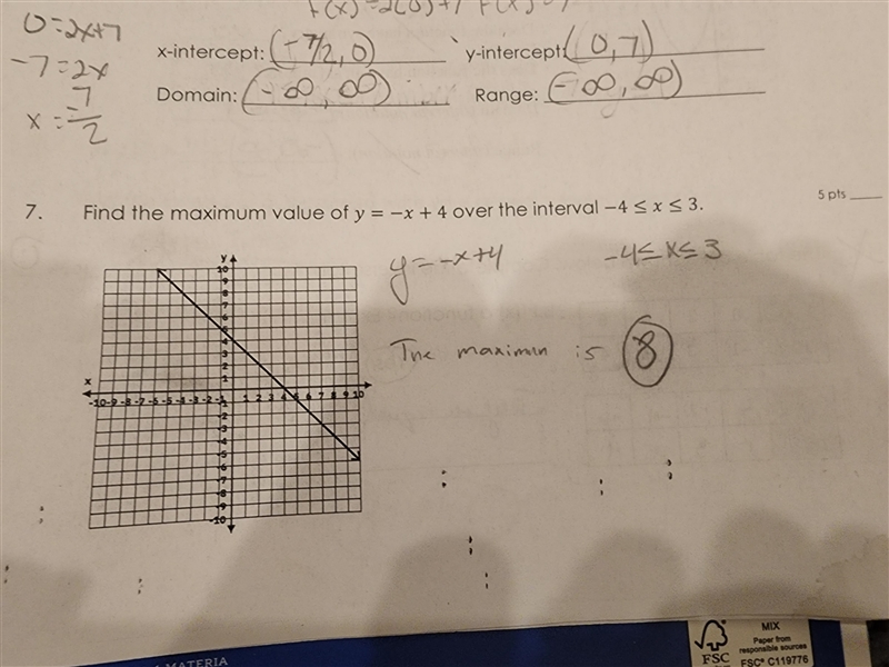 Find the maximum value of y=-x+4 over the interval -4< x < 3.-example-1