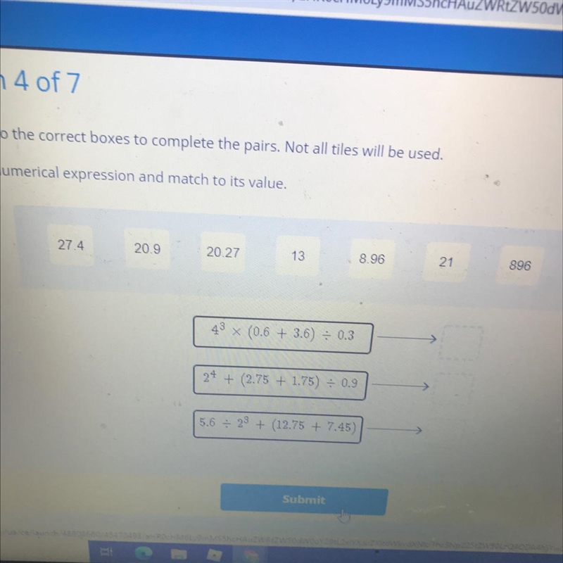 Evaluate the numerical expression and match to its value,27.420.920.27138.962189643 (0.6 + 3.6) + 0.3&gt-example-1