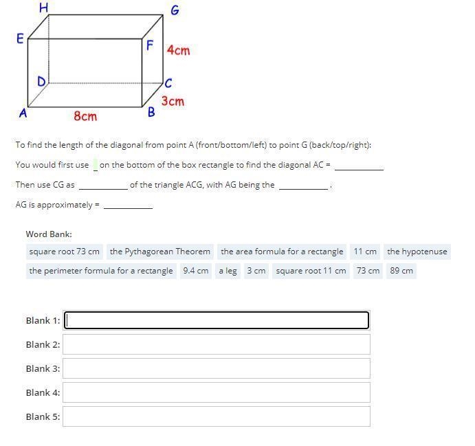 To find the length of the diagonal from point A (front/bottom/left) to point G(back-example-1