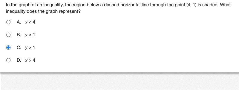 In the graph of an inequality, the region below a dashed horizontal line through the-example-1