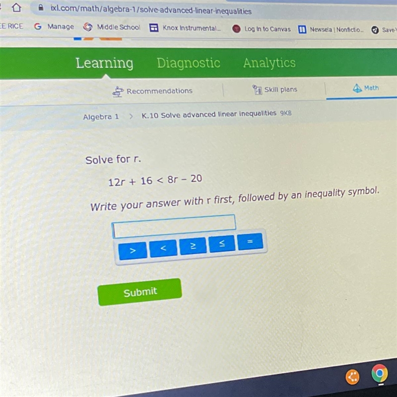 Solve for12r + 16<8r - 20Write your answer with first, followed by an inequality-example-1