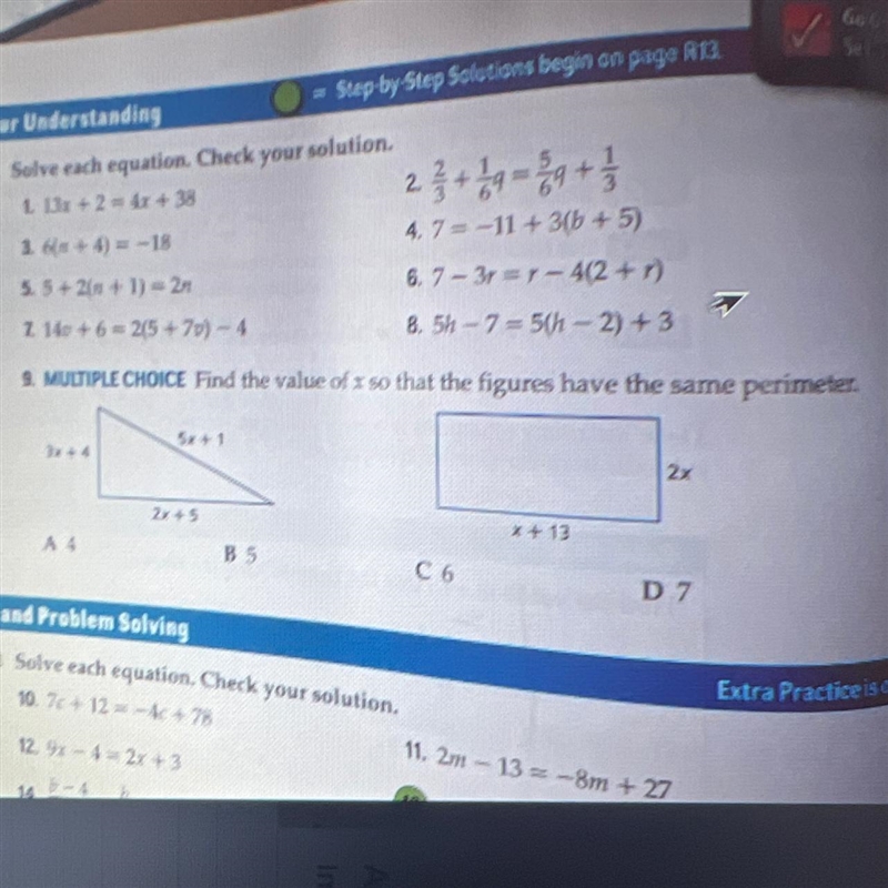 9. MULTIPLE CHOICE Find the value of x so that the figures have the same perimeter-example-1