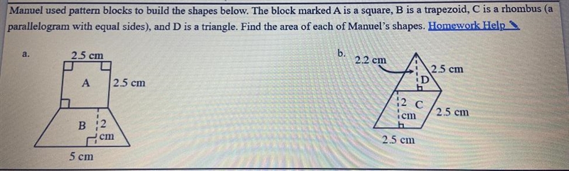 Manuel used pattern blocks to build the shapes below. The block marked A is a square-example-1