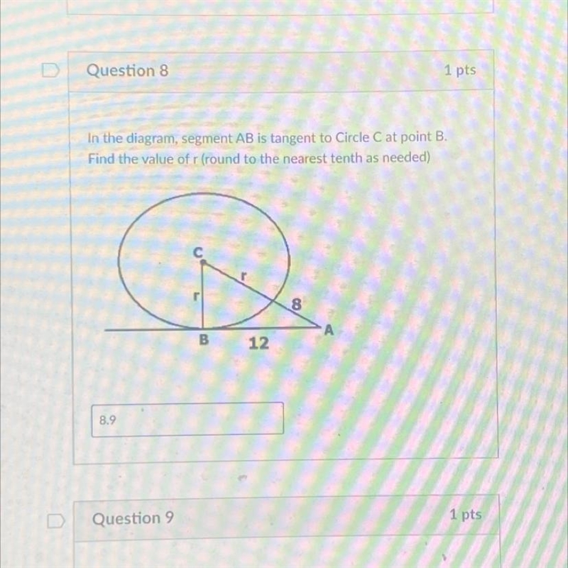 In the diagram, segment AB is tangent to Circle C at point B. Find the value of r-example-1