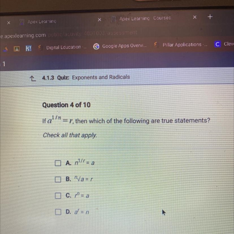 If a¹/n =r then which of the following are true statements? Check all that apply. A-example-1