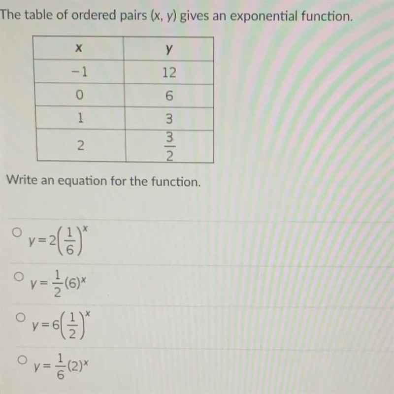 The table of ordered pairs (x,y) (table included in picture)gives an exponential function-example-1