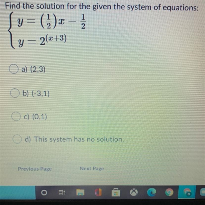 Find the solution for the given the system of equations:Y= (1/2)x - 1/2 and y=2^(x-example-1