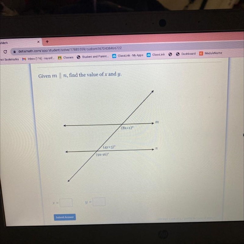 Given m || n, find the value of x and y. (8x+1)° Z (4y+3) (9x-16)° m 72 Use photo-example-1