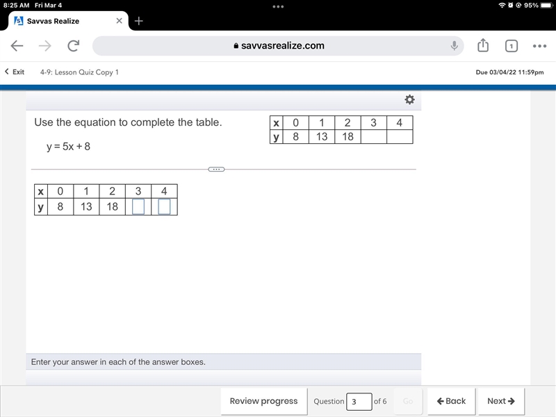 HELP ASAP Use the equation to complete the table. y = 5x +8-example-1