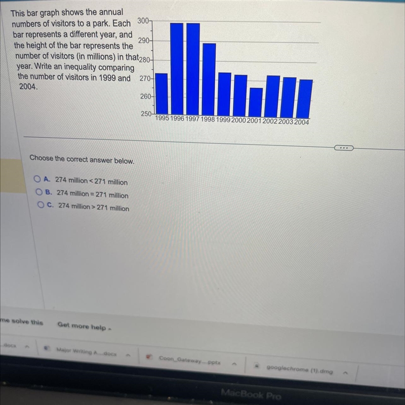 This bar graph shows the annual numbers of visitors to a park. Each bar represents-example-1