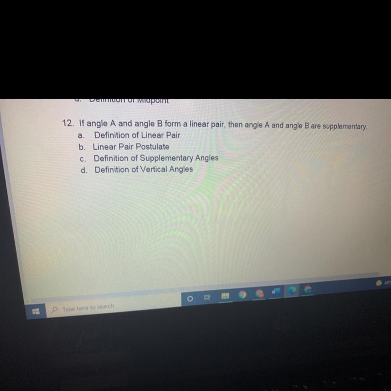 If angle A and angle B form a linear pair, then angle A and angle B are supplementary-example-1