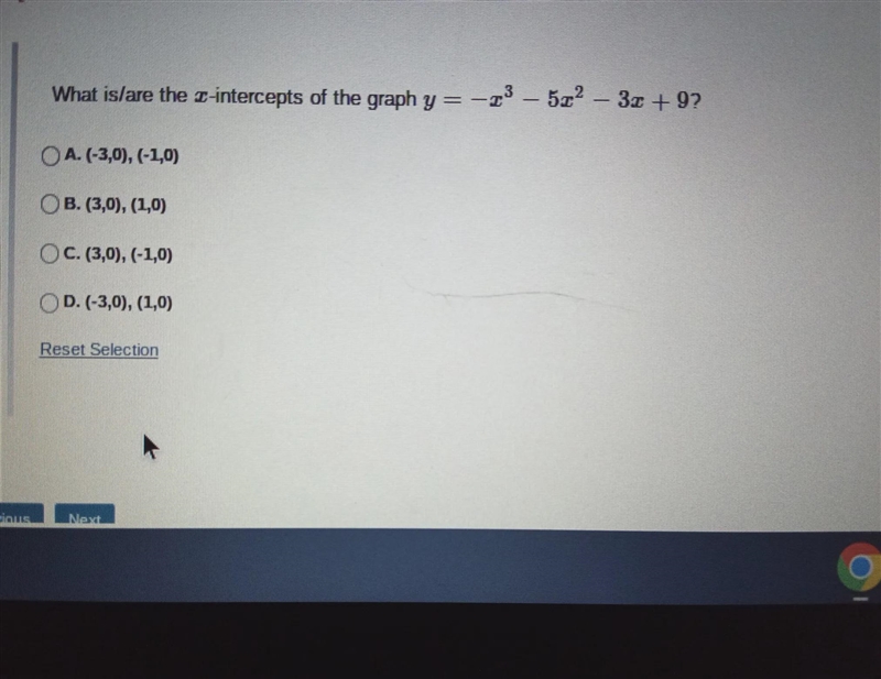 3 What is/are the z-intercepts of the graph y=-2³-52² - 3x + 9? OA (-3,0), (-1,0) O-example-1