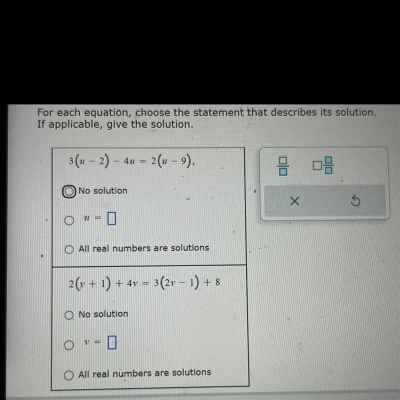 For each equation chose the statement that describes its solution if applicable give-example-1