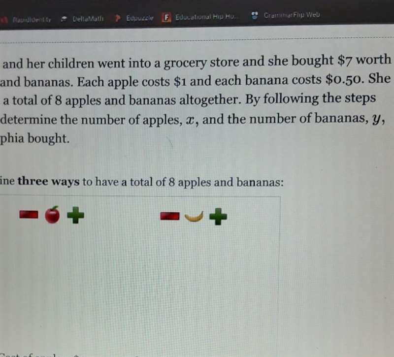 I have 6 apples and 2 bananas as one answer already. I need 2 more answers.-example-1