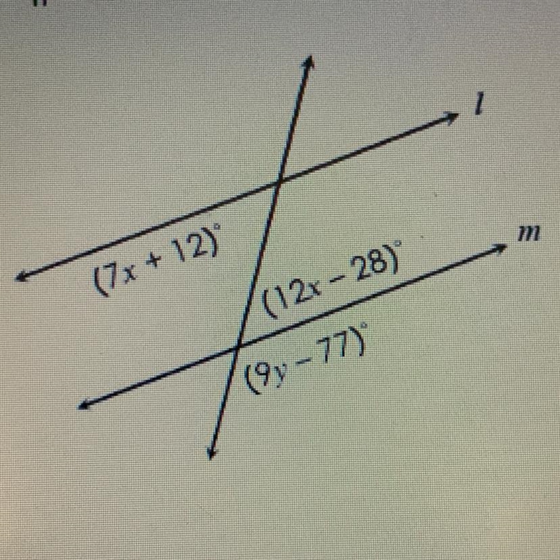 Find the value of x (7x+12) (12x-28) (9y-77)-example-1